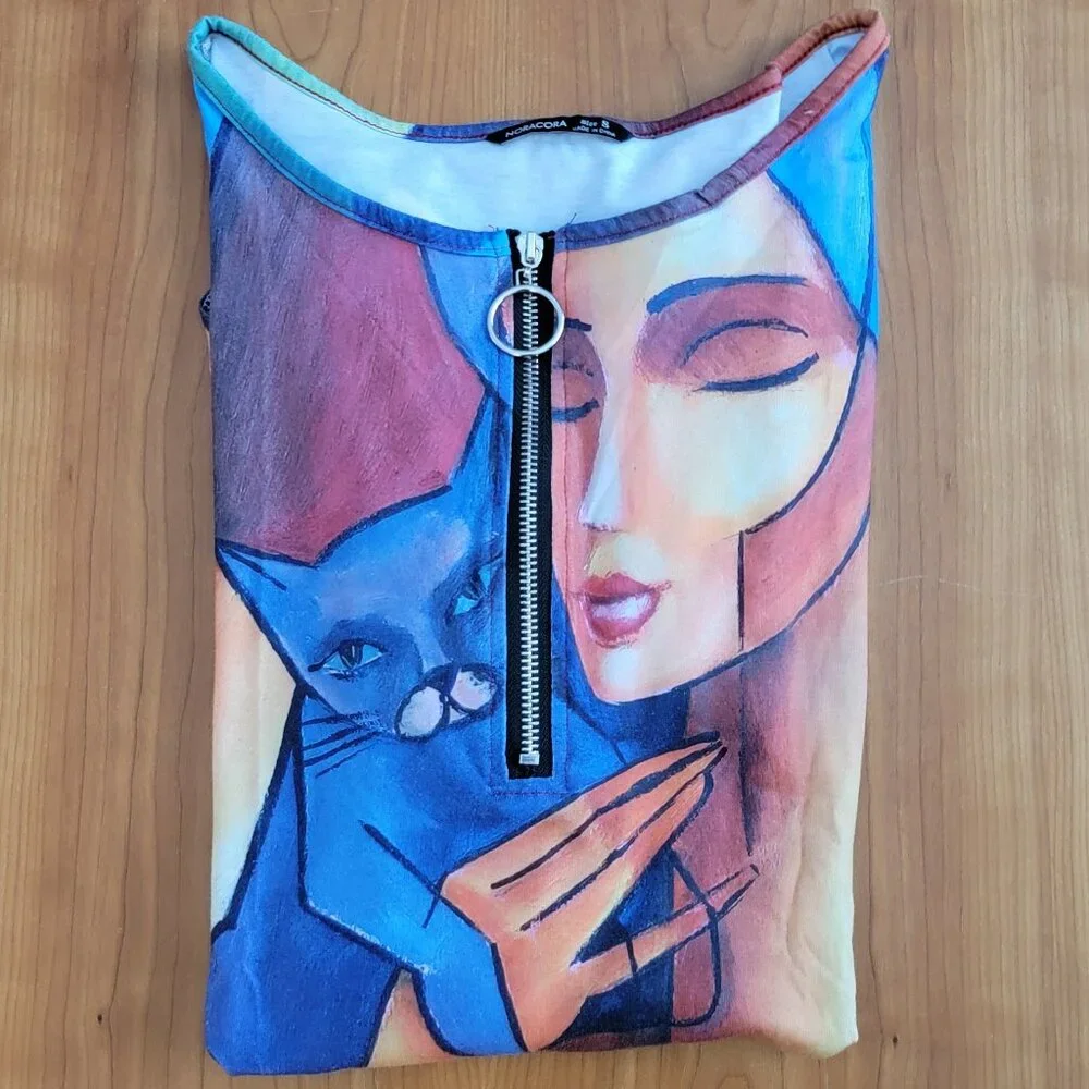 Casual Tunic Top with Abstract Cat Print Long Sleeves Zipper Closure - S - Picture 6 of 8